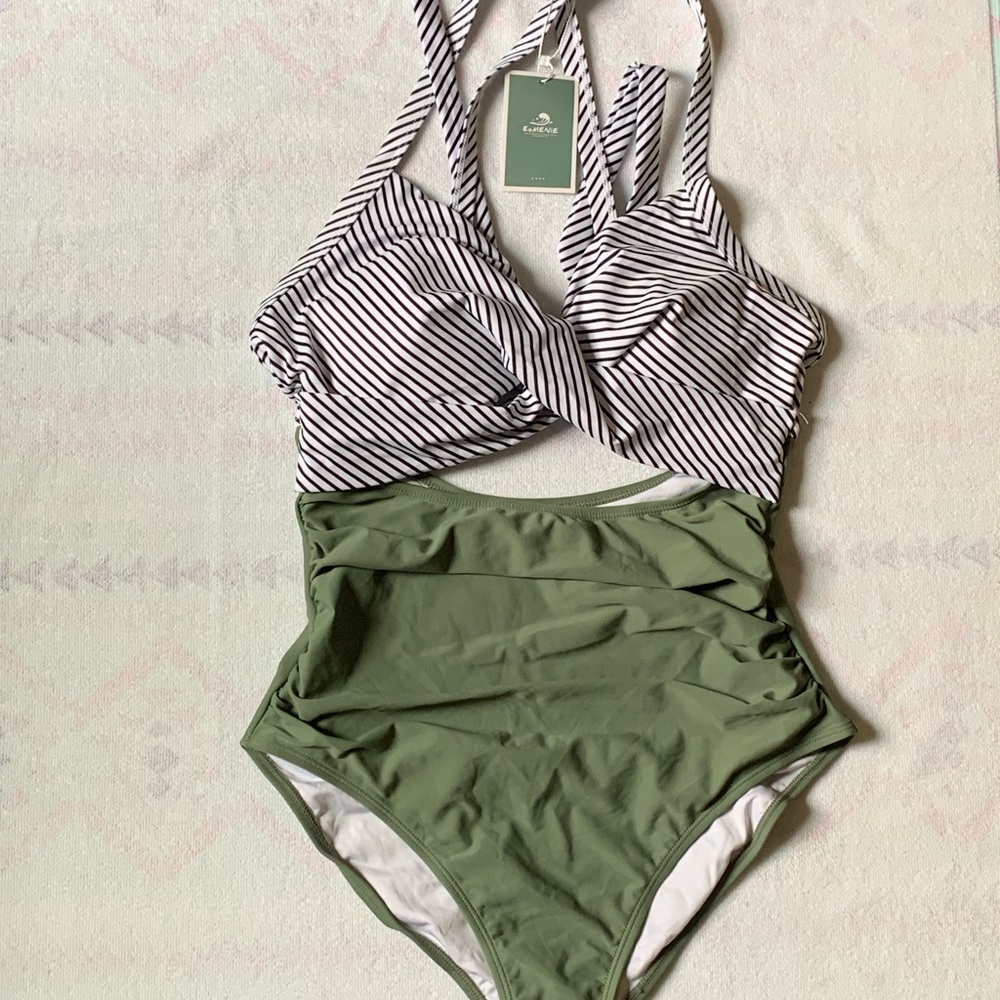 Cupshe Olive and White Striped Swimsuit